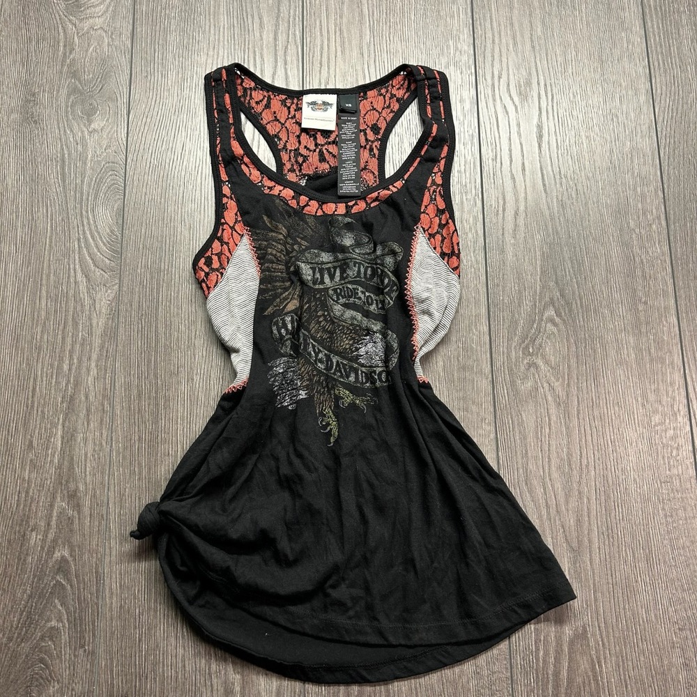 Harley Davidson Womens XS Black Orange Lace Eagle Graphic Y2K Racerback Tank Top